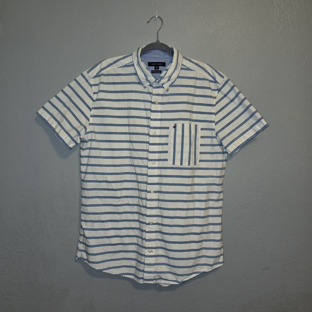 Tommy Hilfiger Blue & White Striped Short Sleeve Button Up Classic Preppy Sz XL